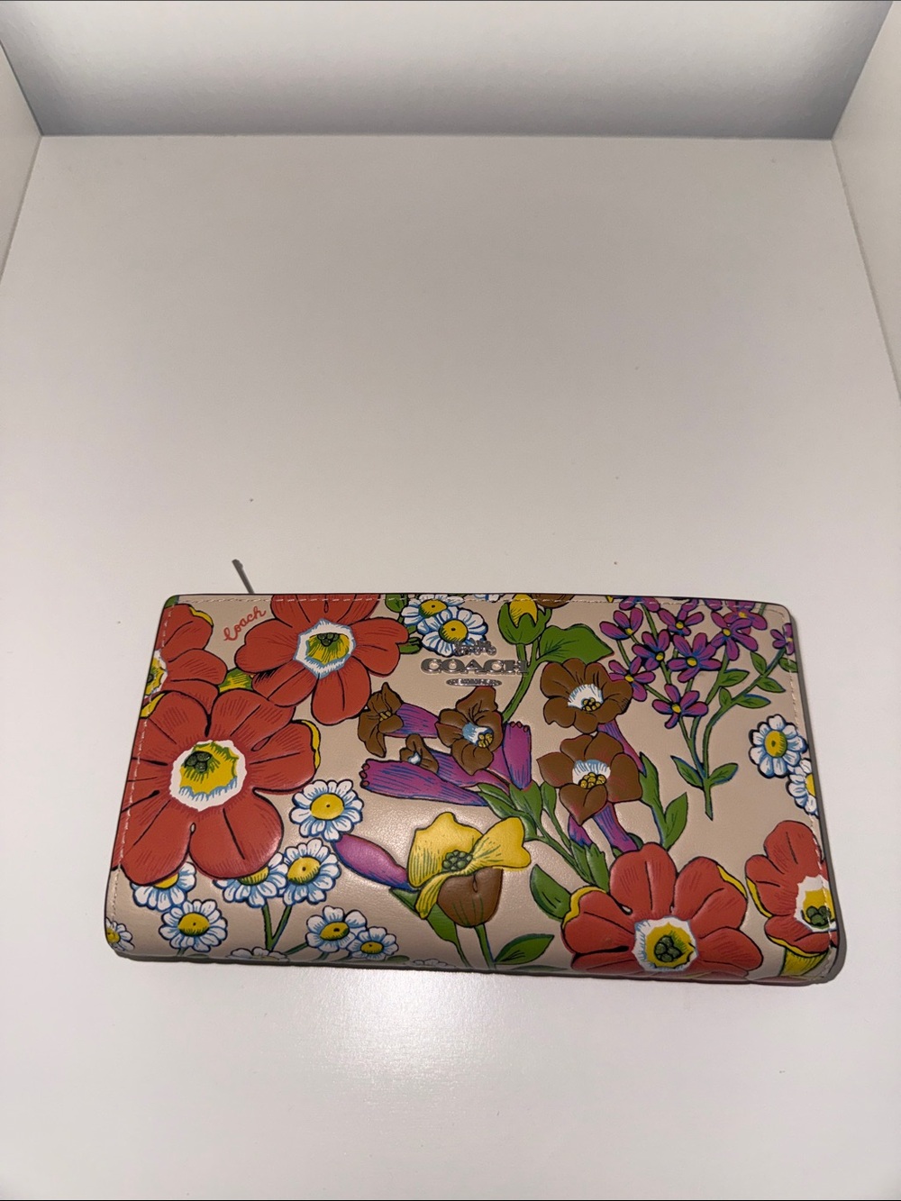 Coach Pink Floral Zip Wallet with Multicolor Blooms